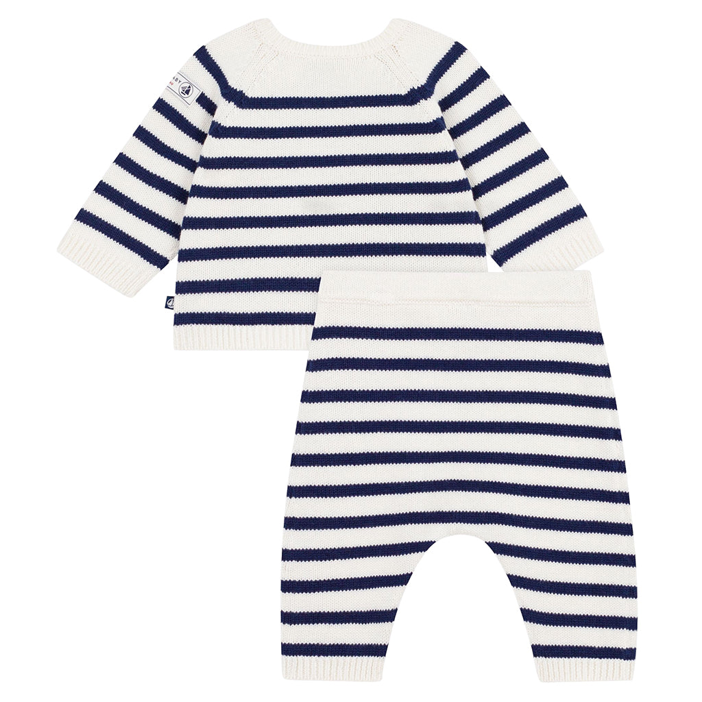 Petit Bateau Baby Two Piece Set White And Night Blue Stripes