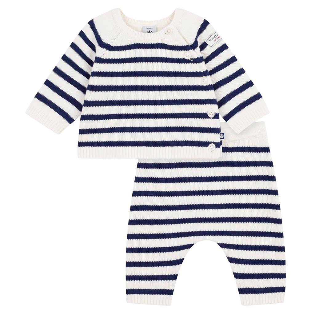 Petit Bateau Baby Two Piece Set White And Night Blue Stripes