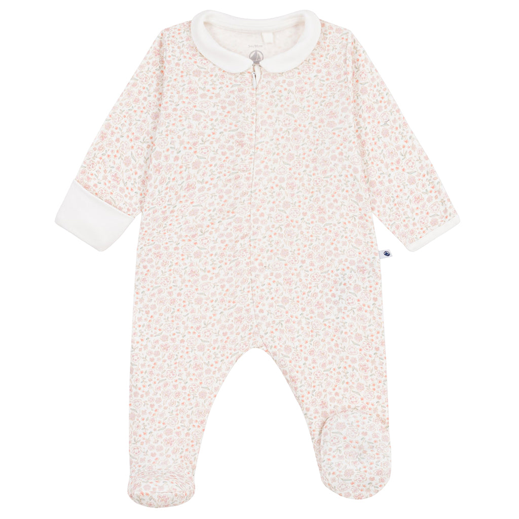 Petit Bateau Baby Collared Zip Pyjamas White With Floral Print