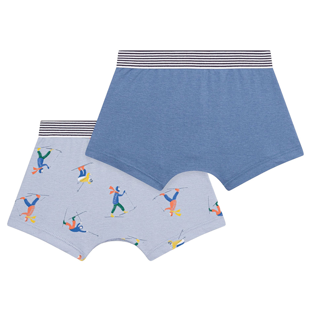Petit Bateau Child Boy Set Of Two Boxer Underwear Polaire Blue Skiers Print