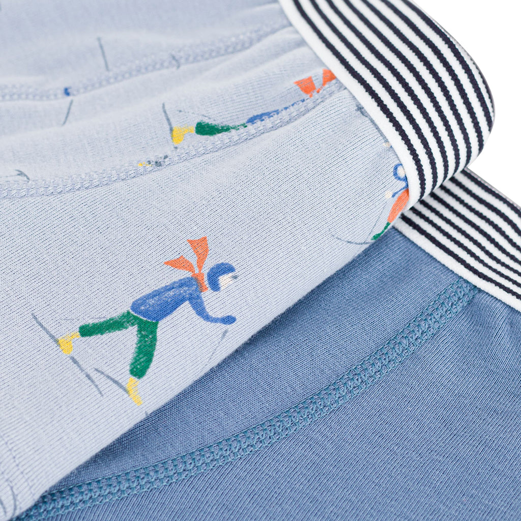 Petit Bateau Child Boy Set Of Two Boxer Underwear Polaire Blue Skiers Print