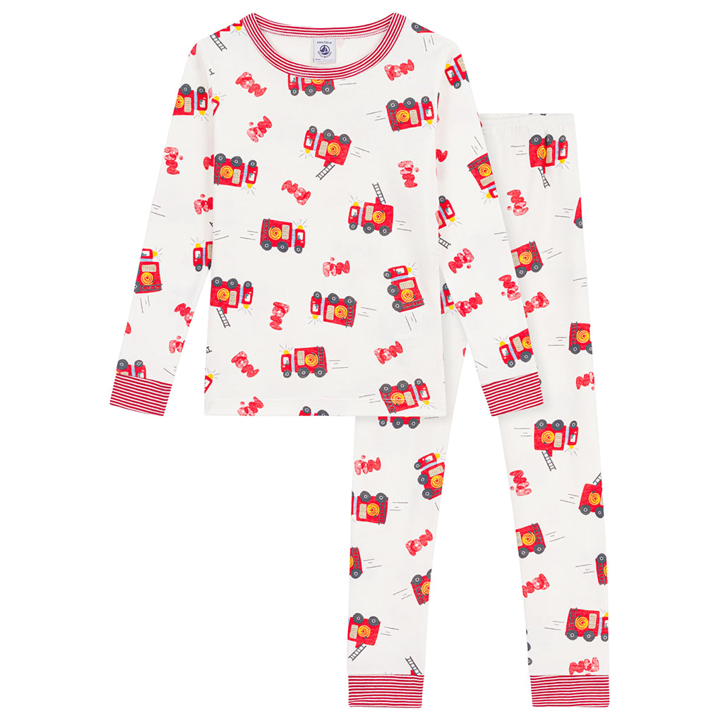 Petit Bateau Child Pyjamas White With Fire Truck Print