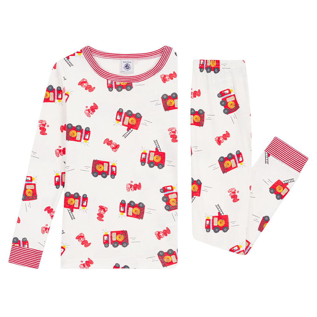 Petit Bateau Child Pyjamas White With Fire Truck Print