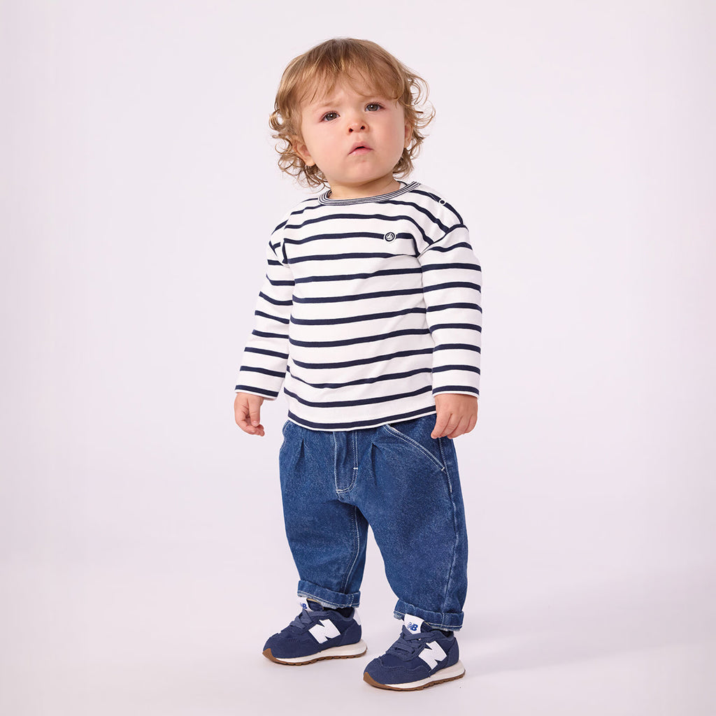 Petit Bateau Baby T-shirt White And Smoking Blue Stripes