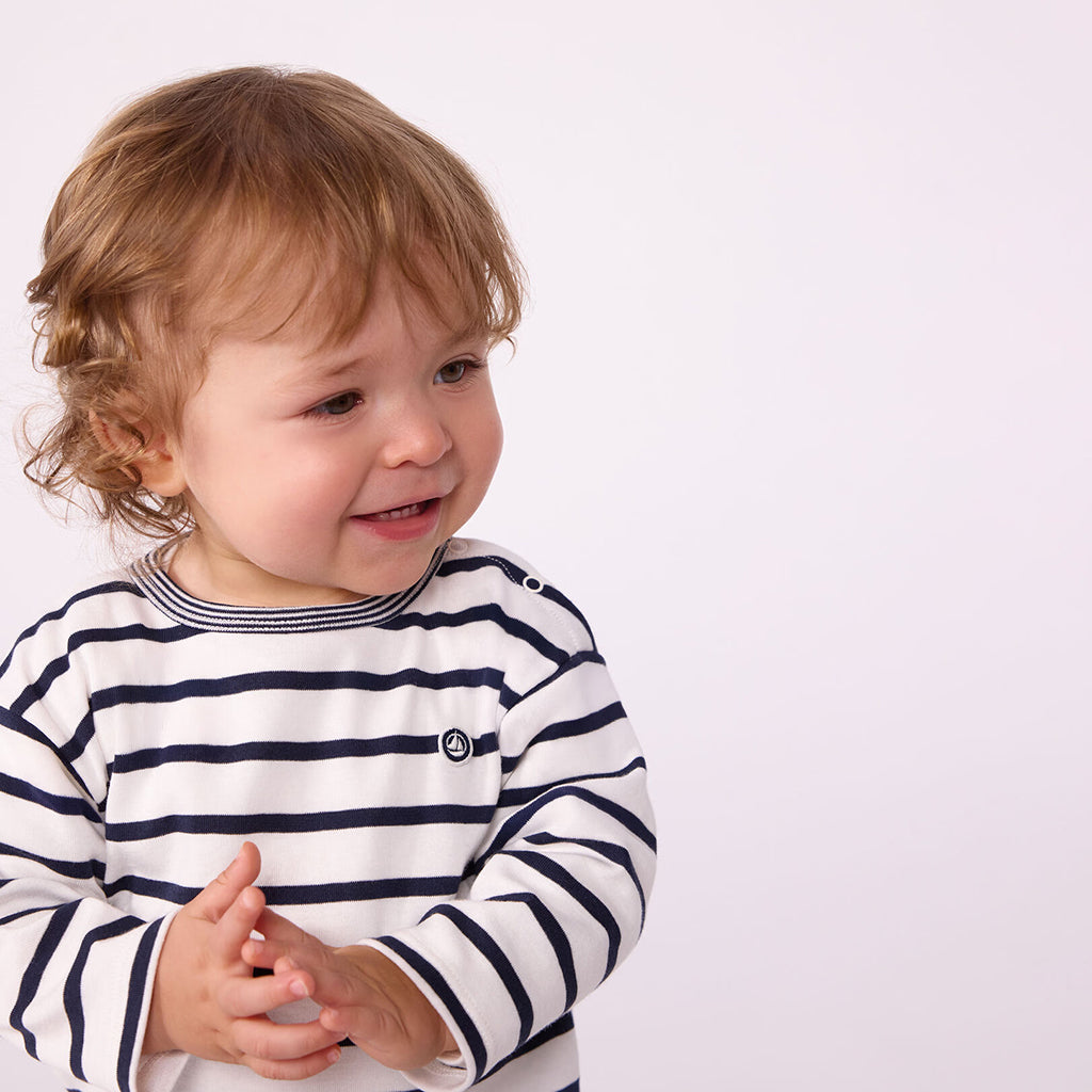 Petit Bateau Baby T-shirt White And Smoking Blue Stripes