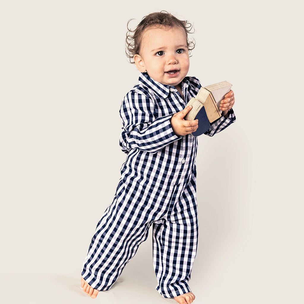 Petite Plume Baby Twill Winter Jumpsuit Navy Blue Gingham