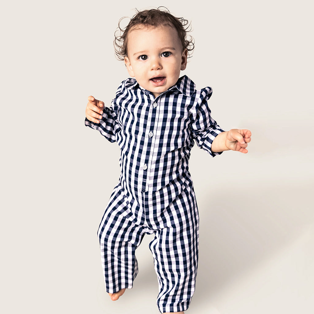 Petite Plume Baby Twill Winter Jumpsuit Navy Blue Gingham