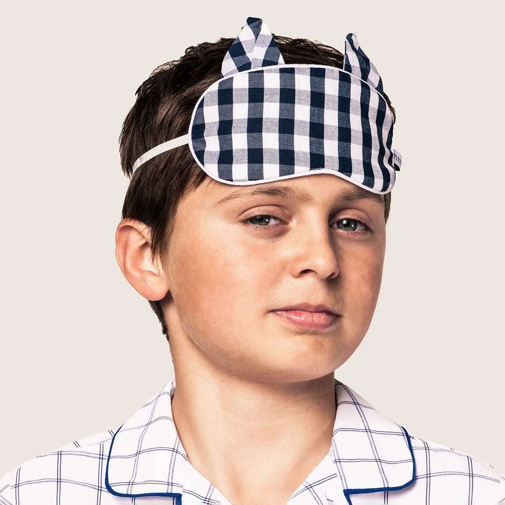 Petite Plume Child Twill Kitty Sleep Mask French Navy Blue Ticking