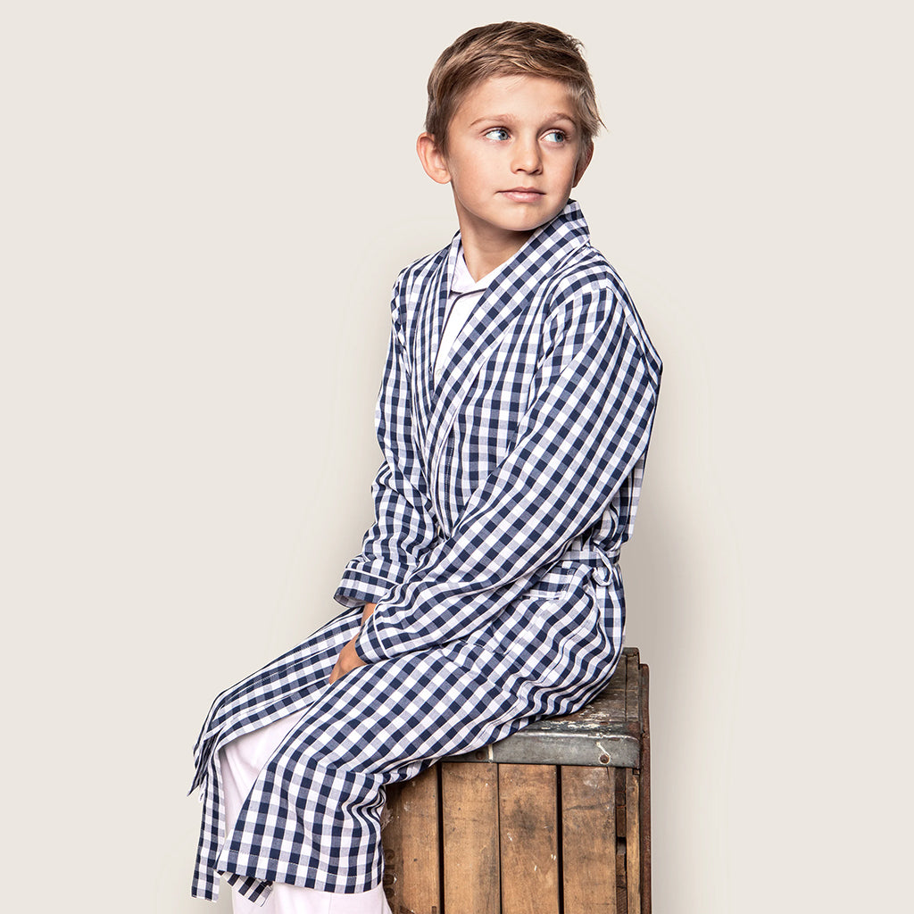 Petite Plume Child Twill Robe Navy Blue Gingham