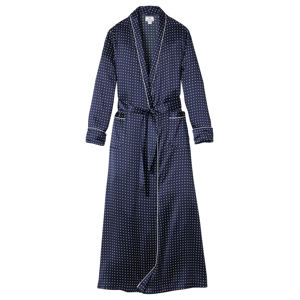 Petite Plume Woman Silk Long Robe Navy Blue Polka Dot