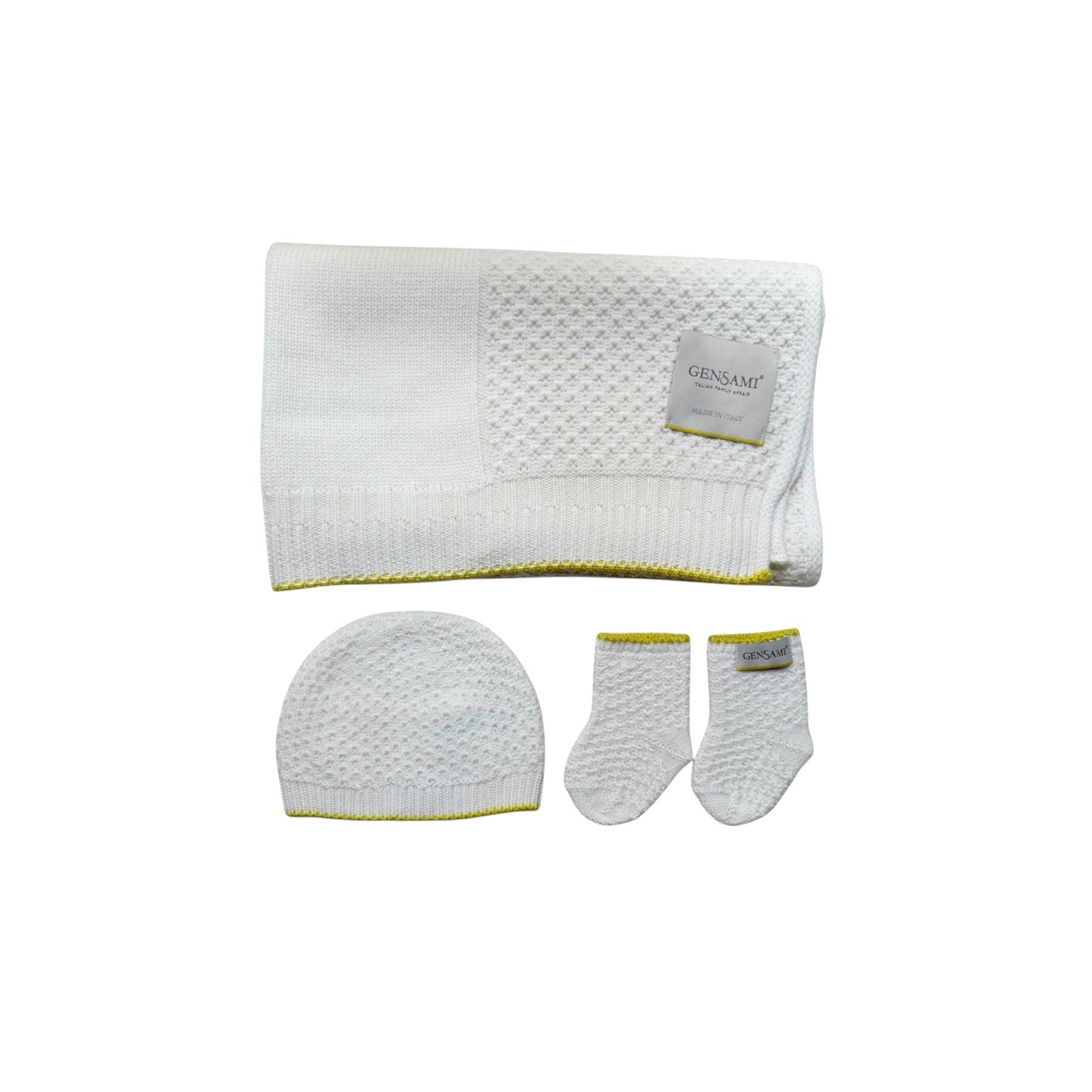 Gensami Baby Three Piece Set Honeycomb Blanket, Hat and Booties White