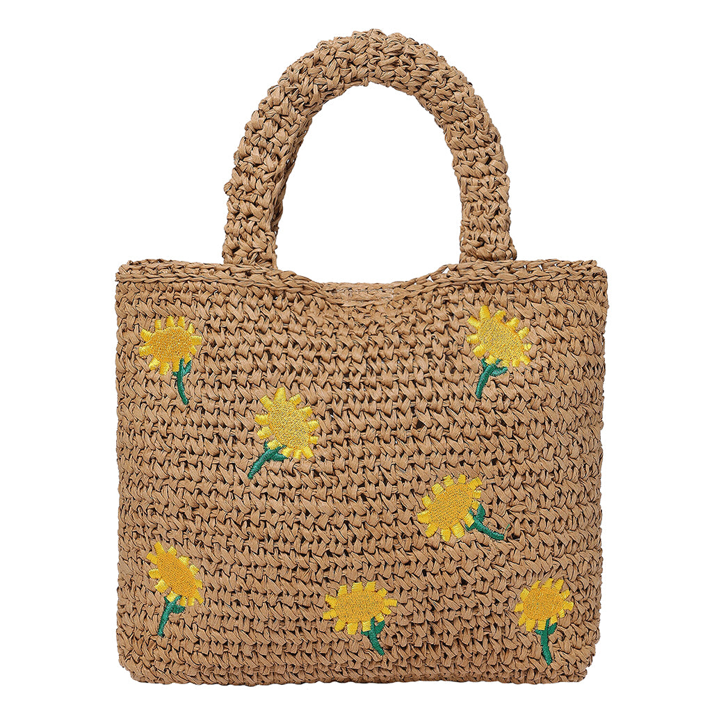 Stella McCartney Child Raffia Tote Bag With Embroidered Sunflowers Beige
