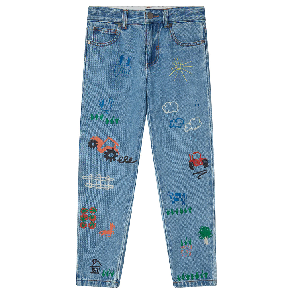 Stella McCartney Child Denim Pants With Farm Print Blue