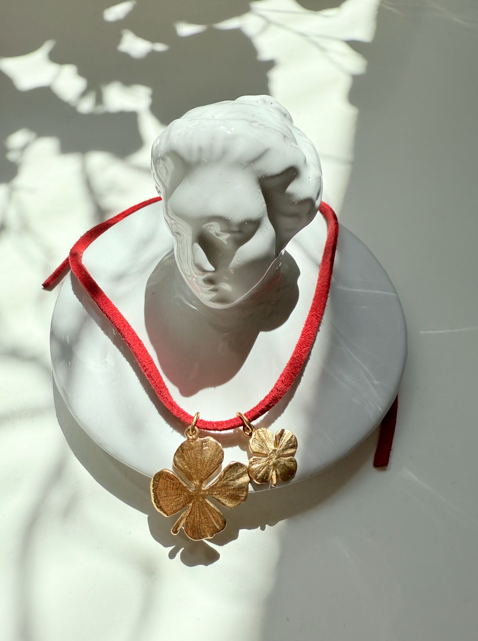 Sophie Deschamps Four Leaf Clover Charms Red Suede Tie On Bracelet