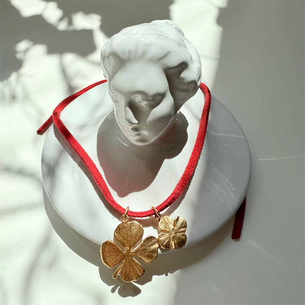 Sophie Deschamps Four Leaf Clover Charms Red Suede Tie On Bracelet