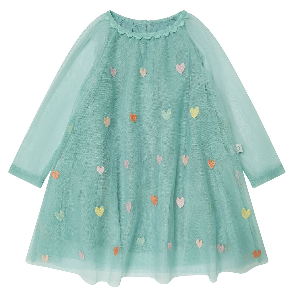 Stella McCartney Baby Tulle Dress With Embroidered Hearts Sage Blue
