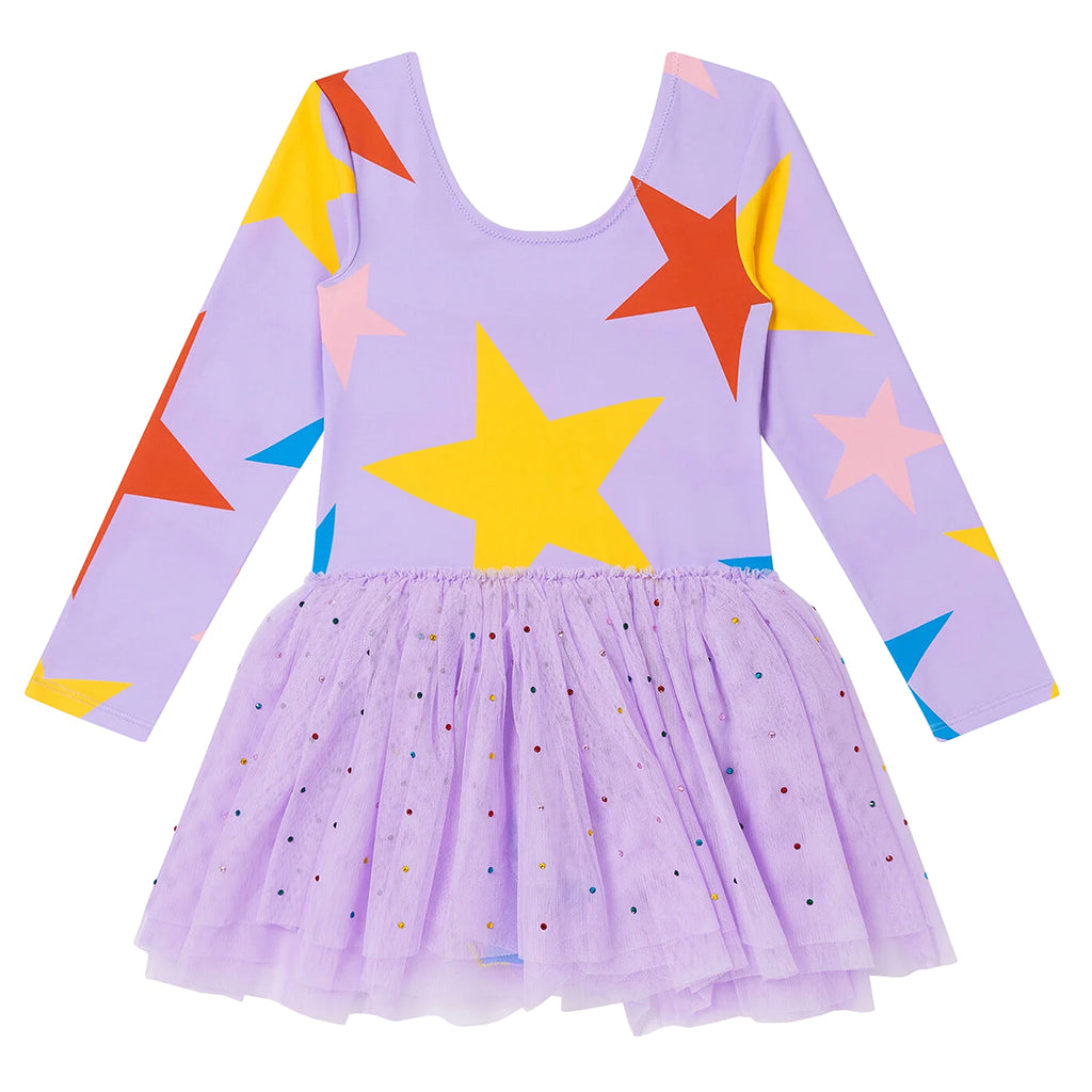 Stella McCartney Child Dress With Large Multicolour Stars And Tulle Skirt Purple