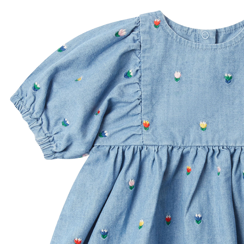 Stella McCartney Baby Dress With Tulip Embroidery Chambray Blue