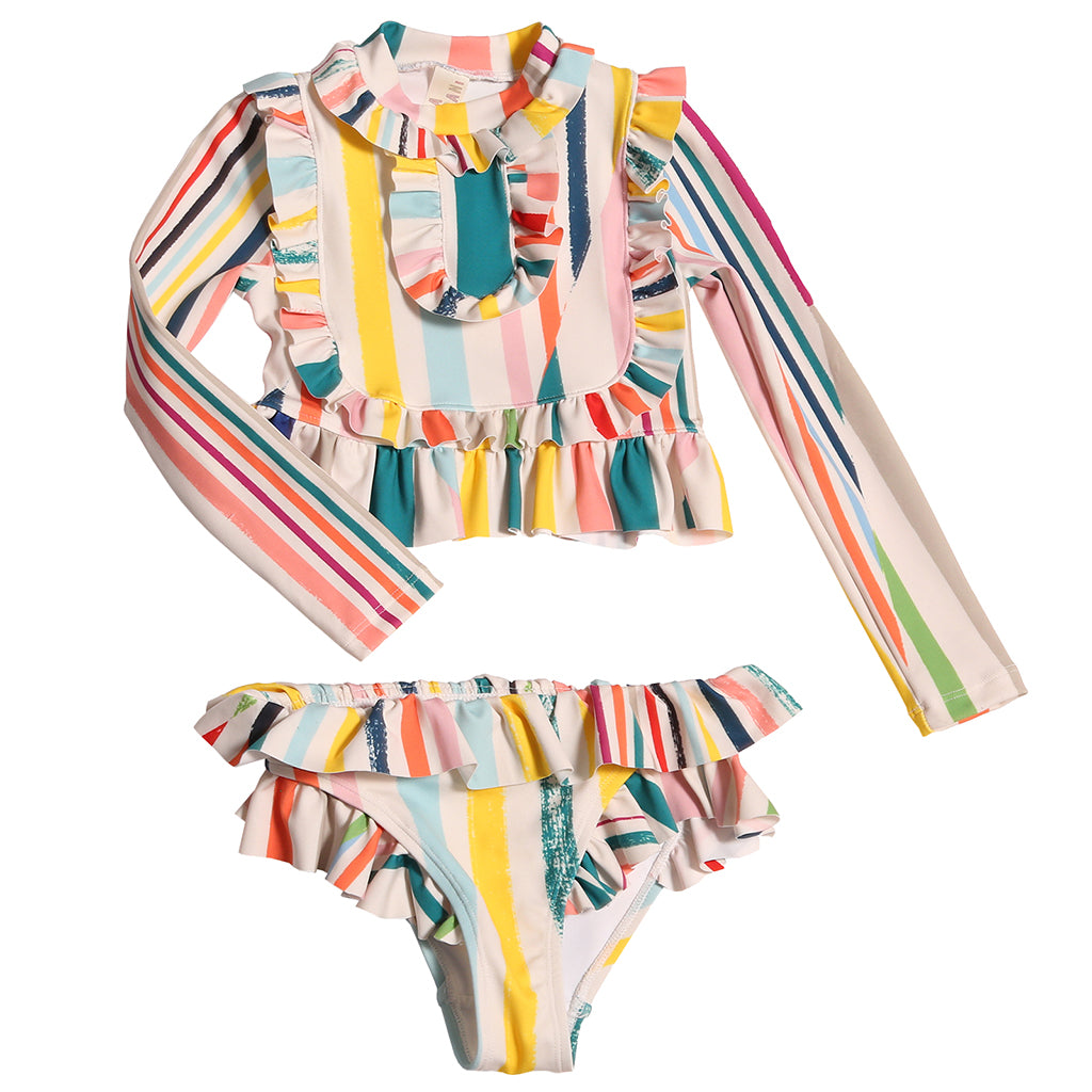 Tia Cibani Kids Child Marina Ruffle Rashguard Swimsuit Rainbow Stripes