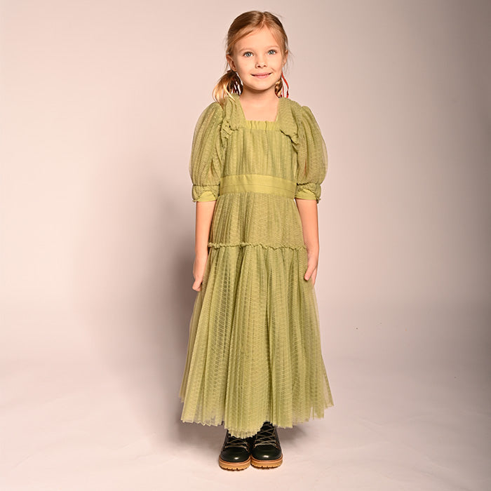 Tia Cibani Child Cornucopia Tiered Tulle Maxi Dress Sage Green