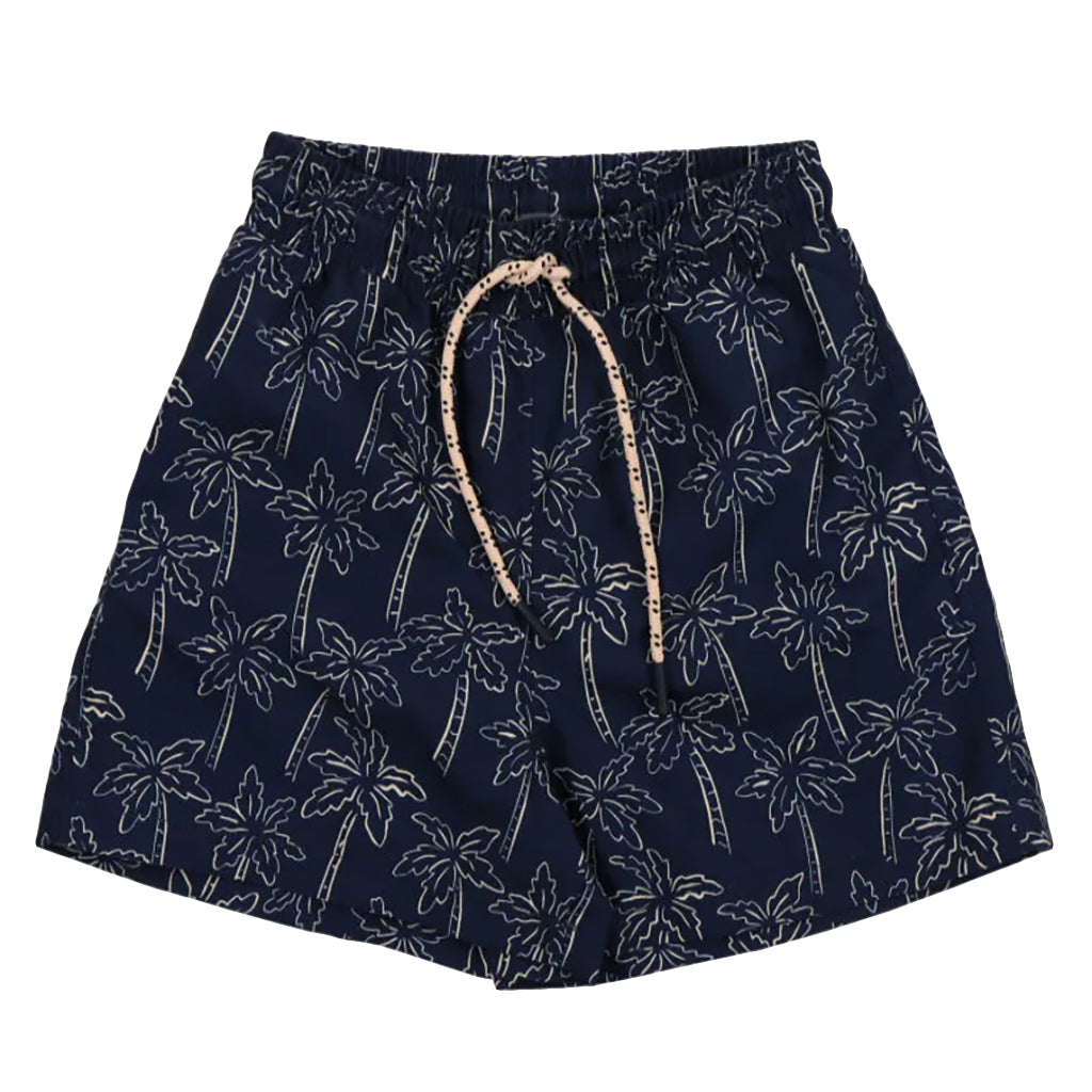 The New Society Child Swim Shorts Navy Blue Palms Print