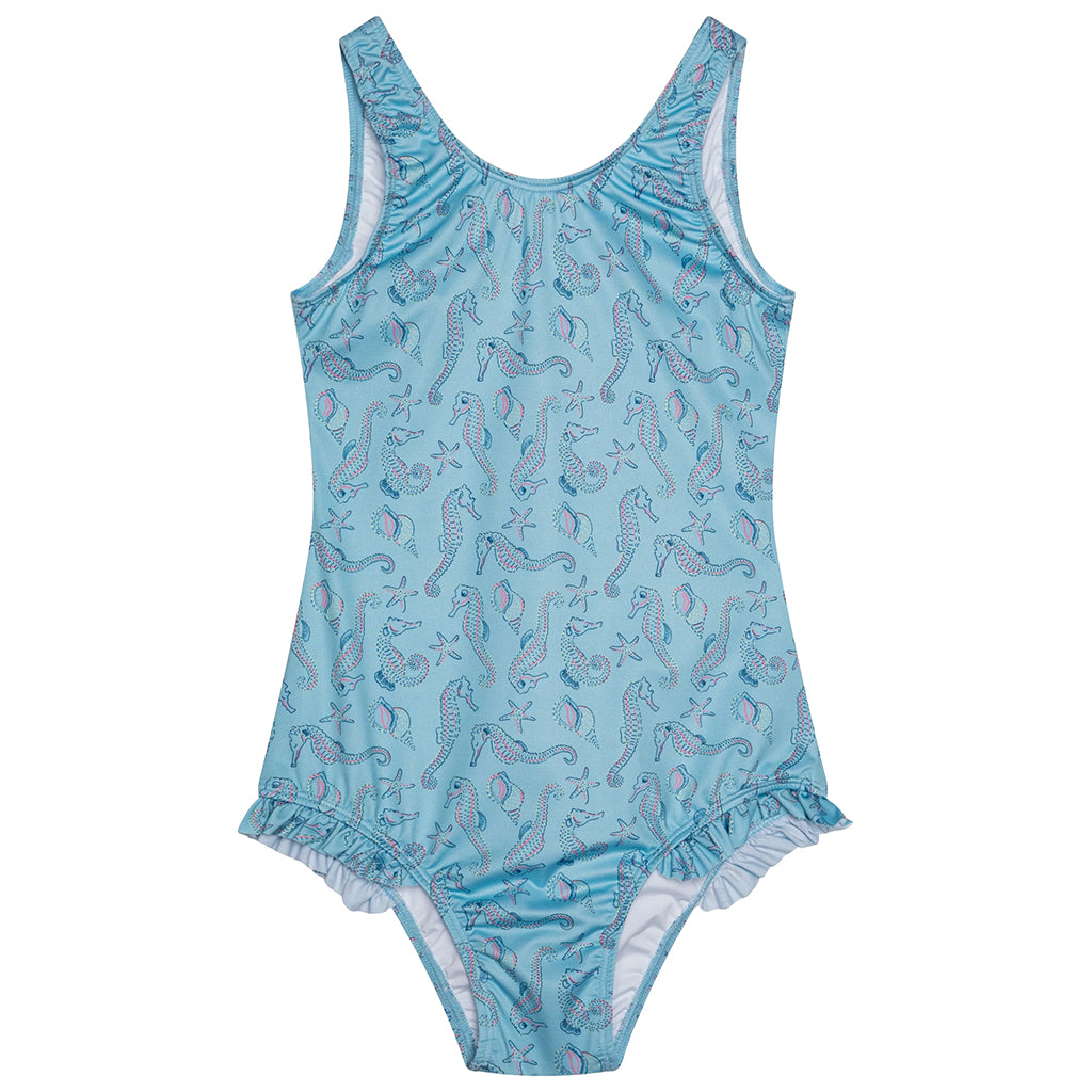 The New Society Child Swimsuit Blue Seahorses Print