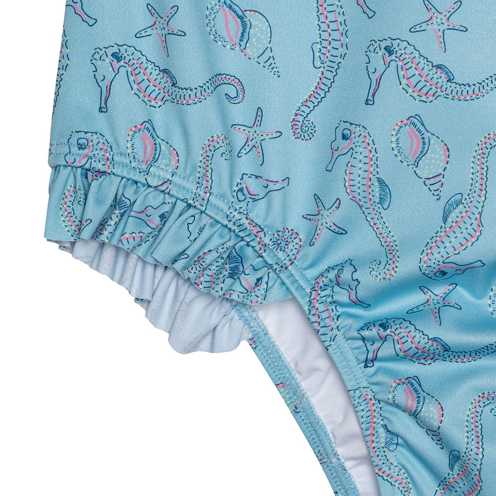 The New Society Child Swimsuit Blue Seahorses Print