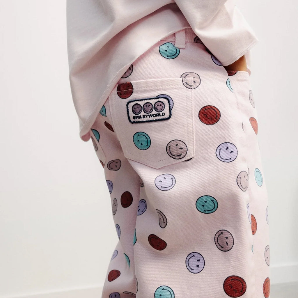 The New Society Child Denim Pants Pink Smiley Print