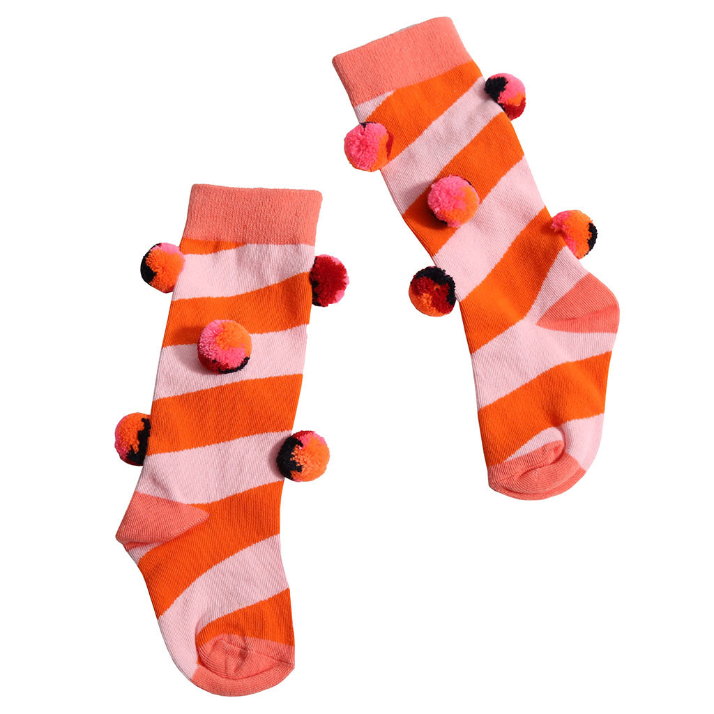 Tia Cibani Kids Child Pompom Socks Bougainvillea Pink Stripes