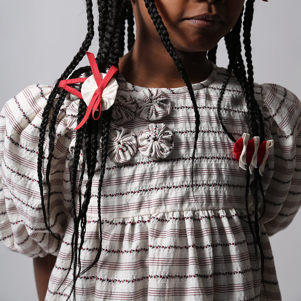 Tia Cibani Kids Child Rosetta Embellished Bib Dress Opal Cream Stripes