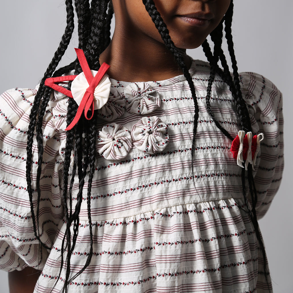 Tia Cibani Kids Child Rosetta Embellished Bib Dress Opal Cream Stripes