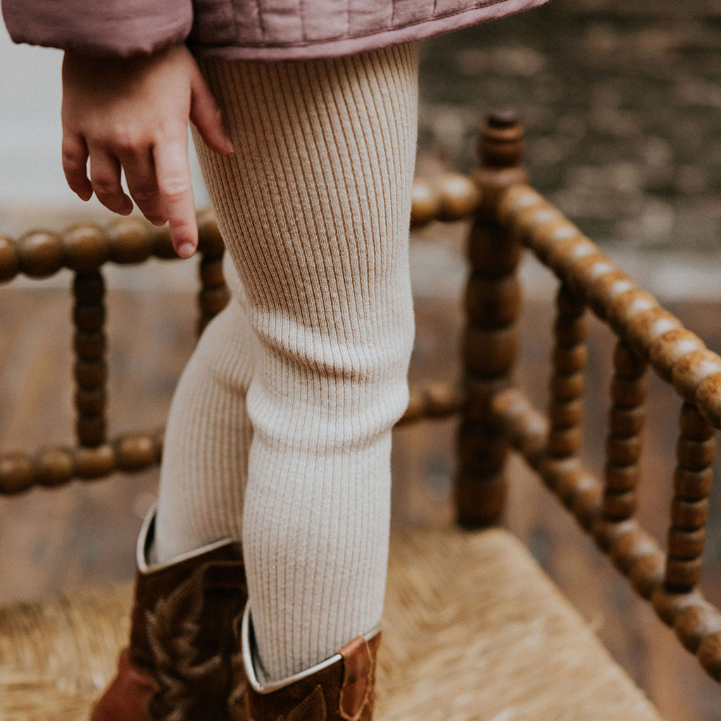 Yuki Kidswear Baby And Child Fine Rib Knitted Leggings Sand Melange Cream