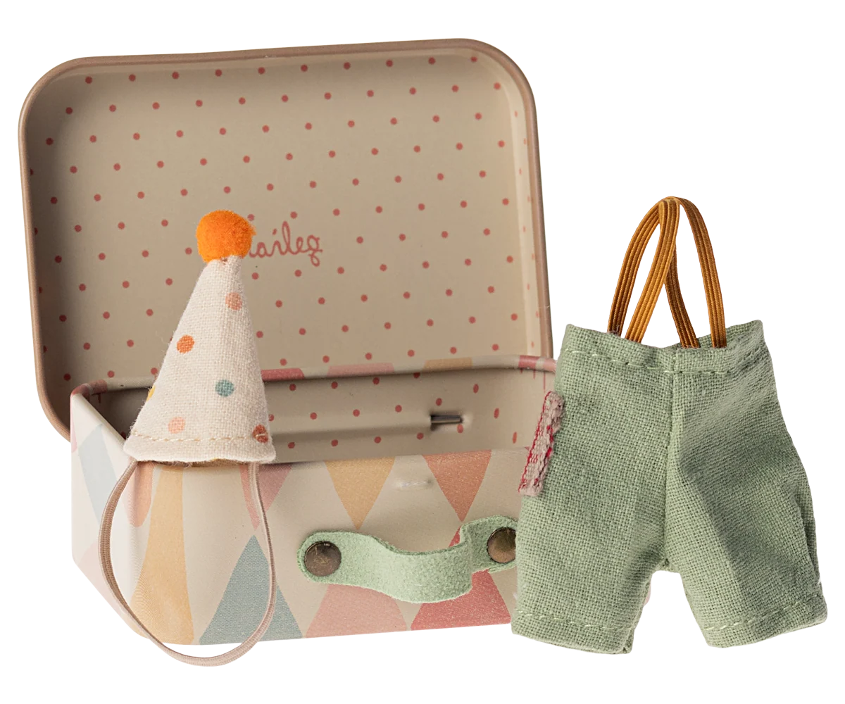 Maileg Toys Mouse Clown clothes in suitcase, Little brother mouse