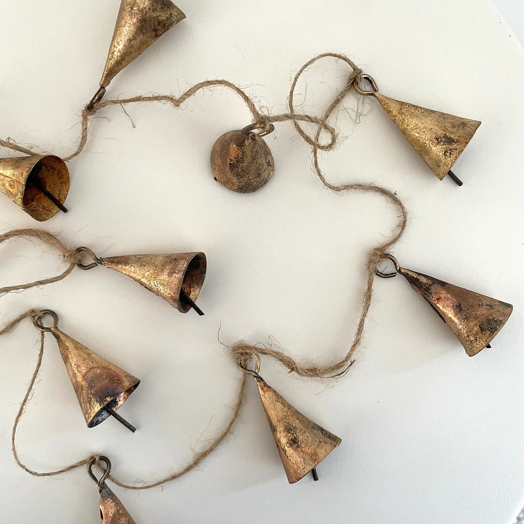 Fort & Field Rustic Tin Cone Shaped Brass Bell Jute Holiday Garland