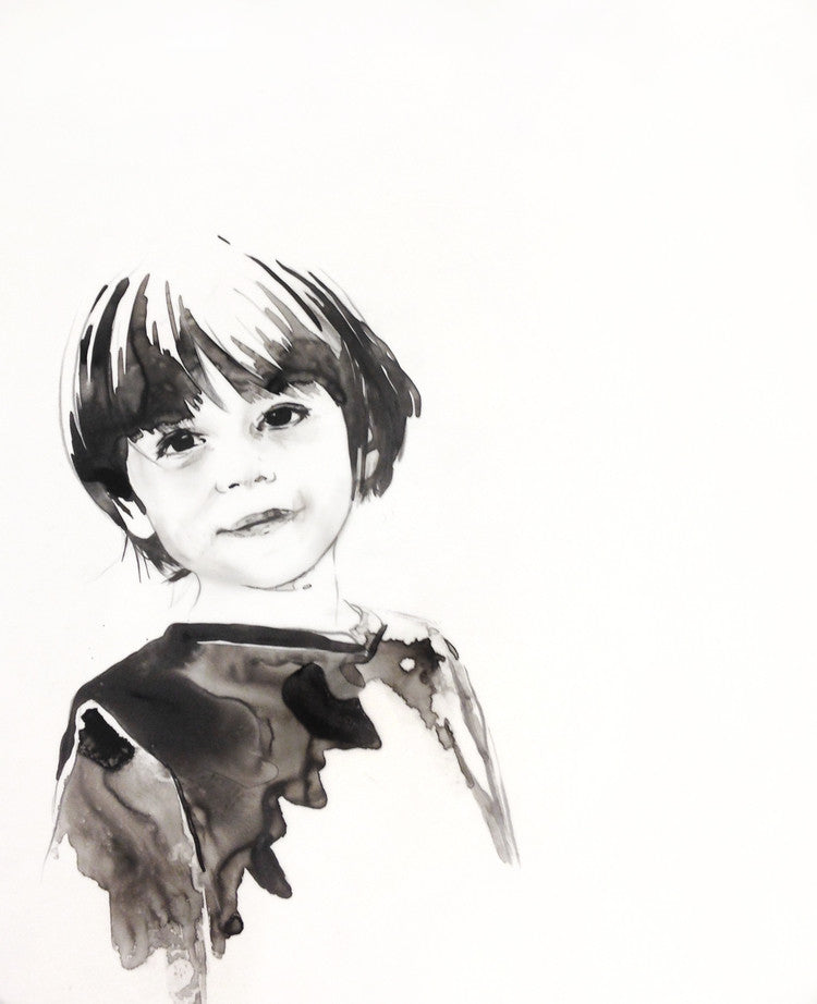 Commissioned black and white ink drawing of a boy by Elizabeth Dyer.