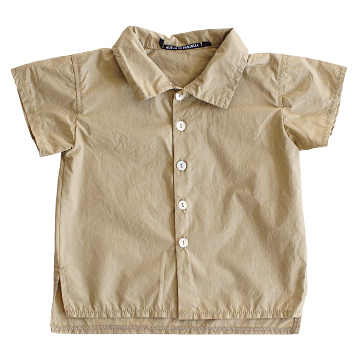 Short sleeved button up shirt with a collar in gold yellow.