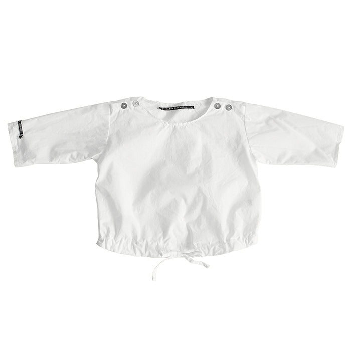 White long sleeved blouse with a drawstring hem.