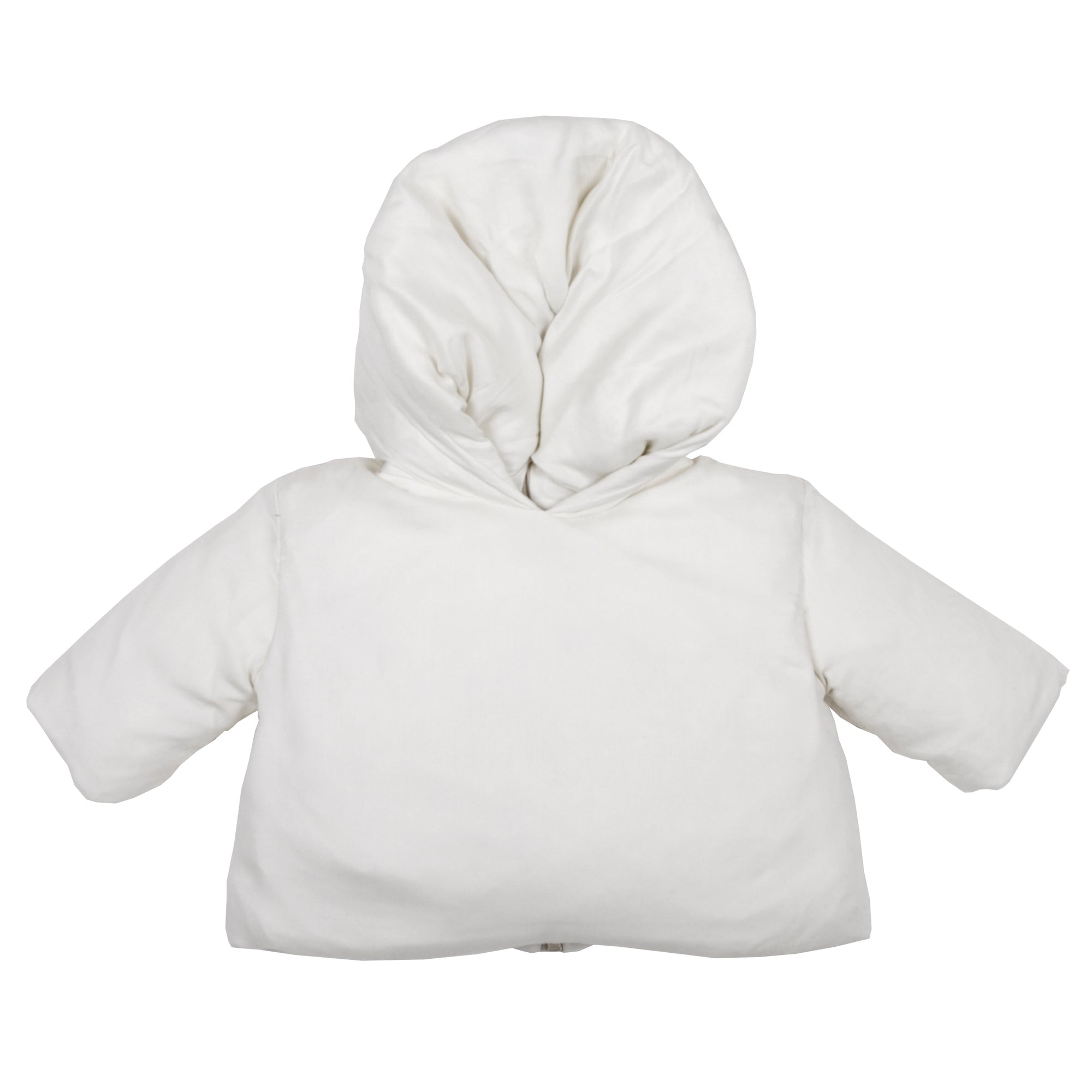 Off-white long sleeved down puffer jacket with a hood.
