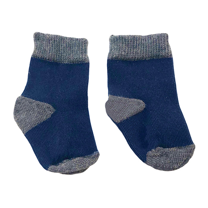 Blue baby socks with grey details.