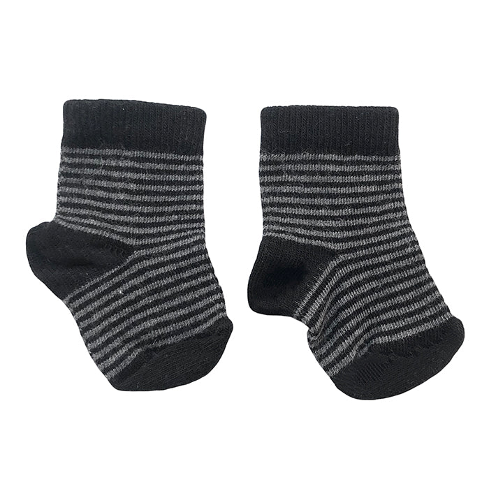 Baby socks with dark grey stripes.