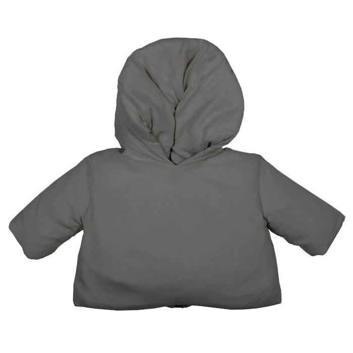 Grey long sleeved down puffer jacket with a hood.
