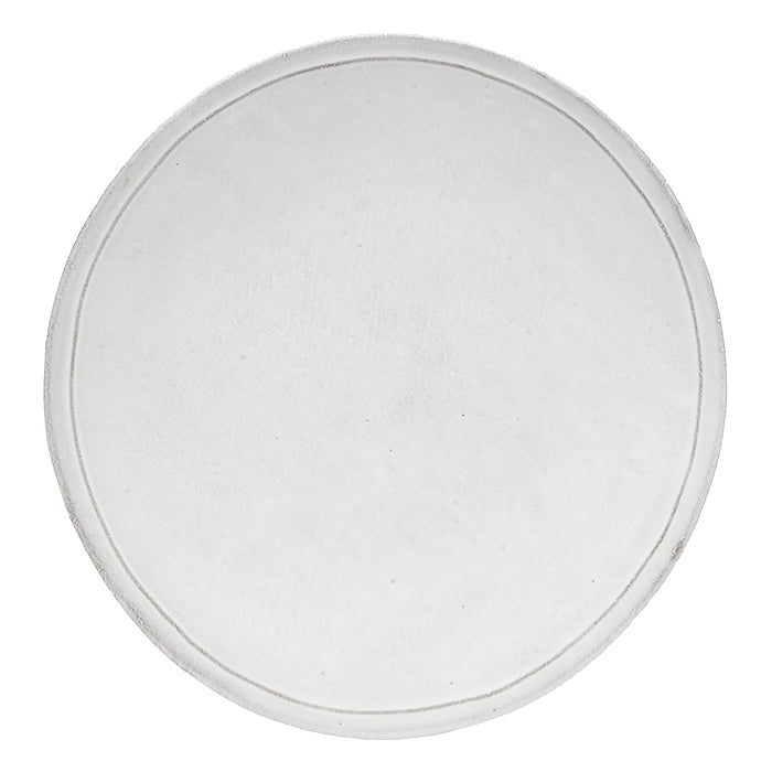 Round ceramic dinner plate with a milky white glaze.