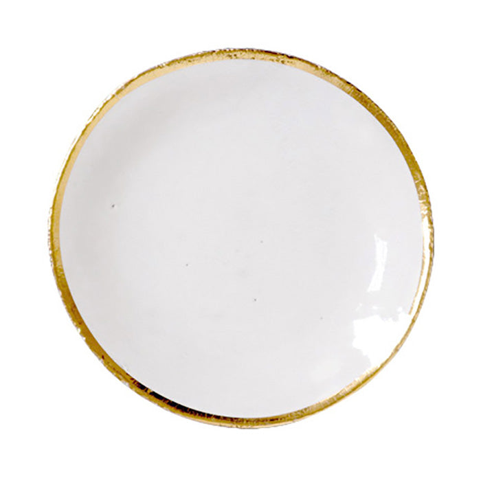 Small round plate in white with a gold around the edge.