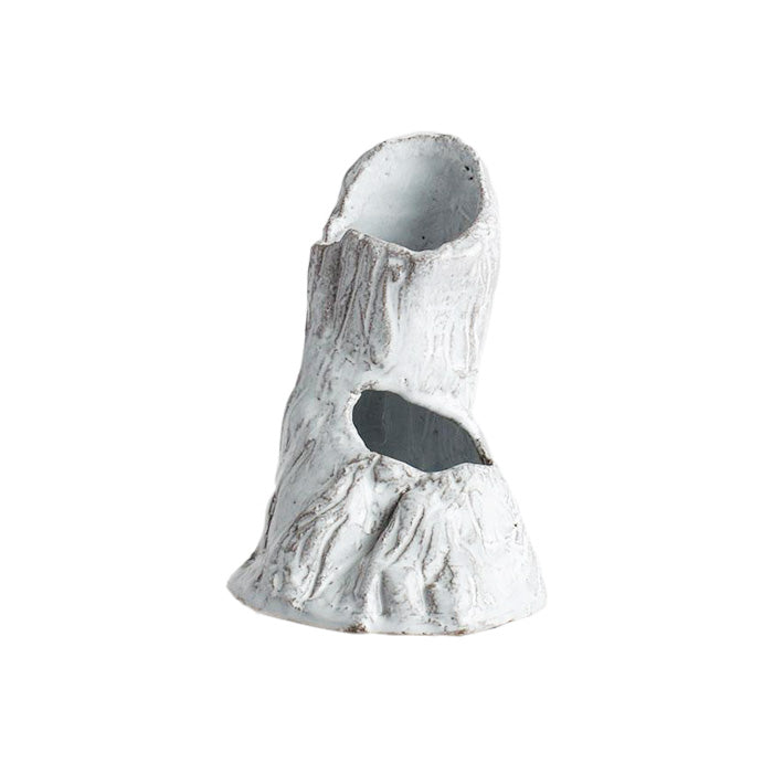 Tree trunk shaped vase with two openings in a white glaze.