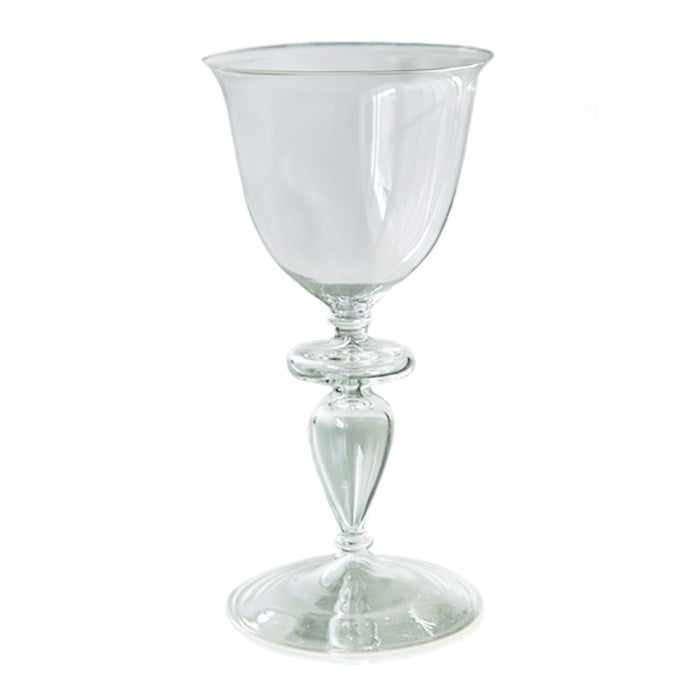 Handblown clear wine glass with a decorative stem.