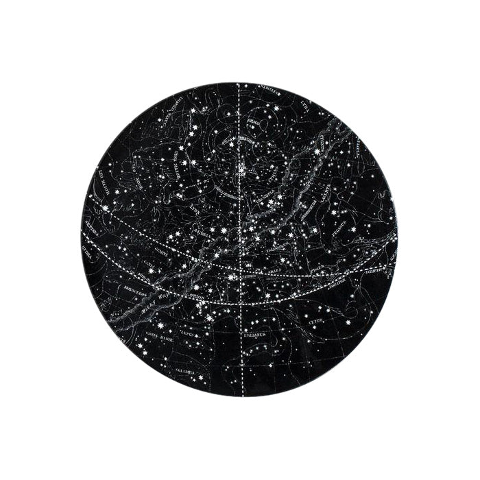 Round plate in black with a white constellation pattern.