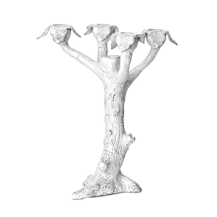 Organic tree shaped candlestick holder with five branches with leaves to hold candlesticks in.