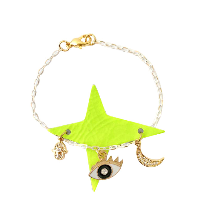 White and gold chain bracelet with charms and a neon yellow leather star.
