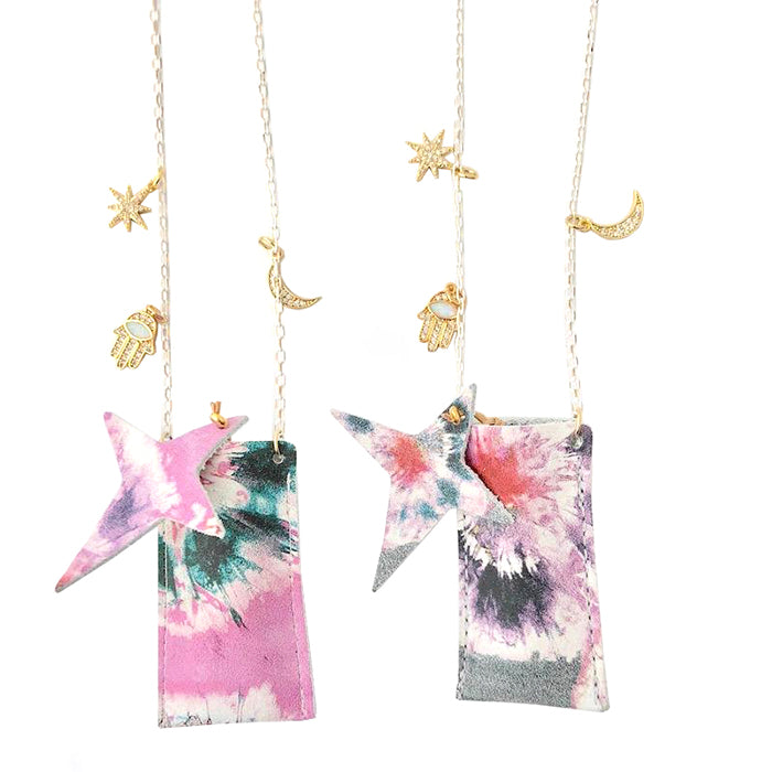 Two gold chain necklaces with charms and tie-dye leather pocket pendants with tie-dye leather stars inside.