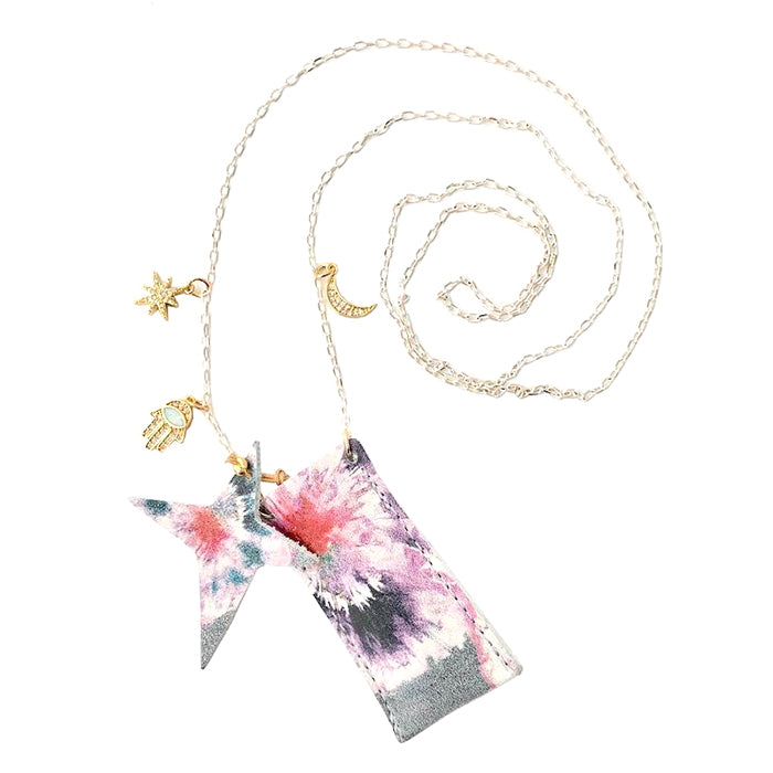 Gold chain necklace with charms and a tie-dye leather pocket pendant with a tie-dye leather star inside.
